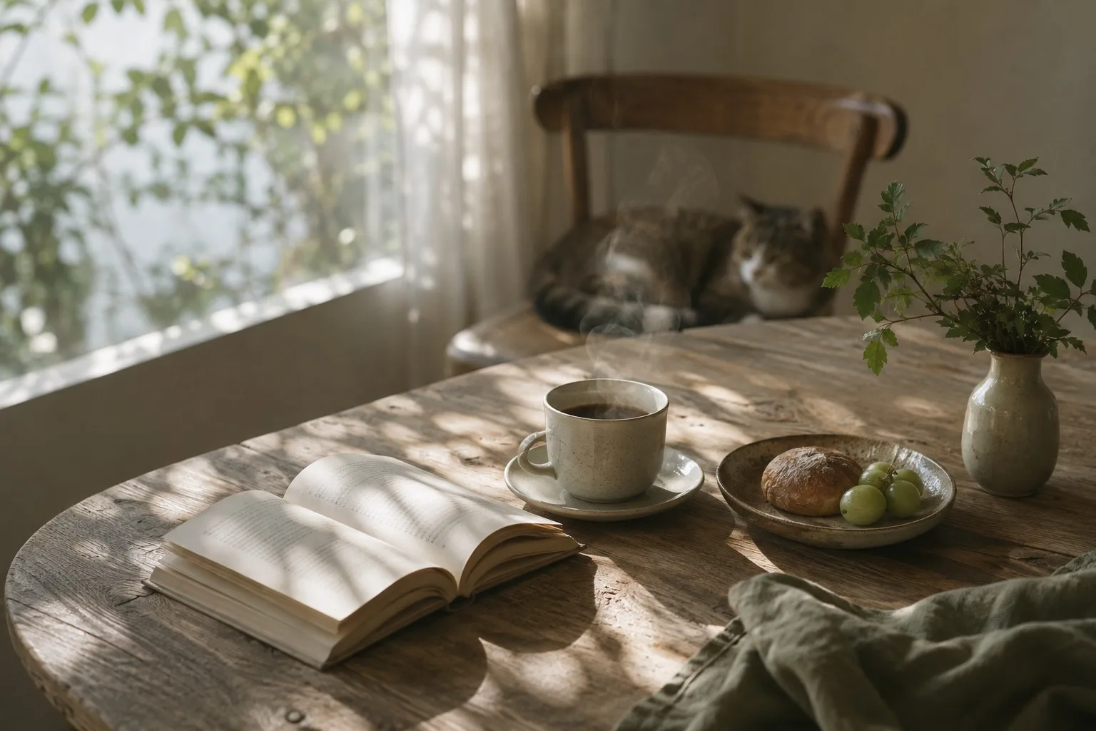 窓辺のテーブルに置かれた読みかけの本とコーヒー